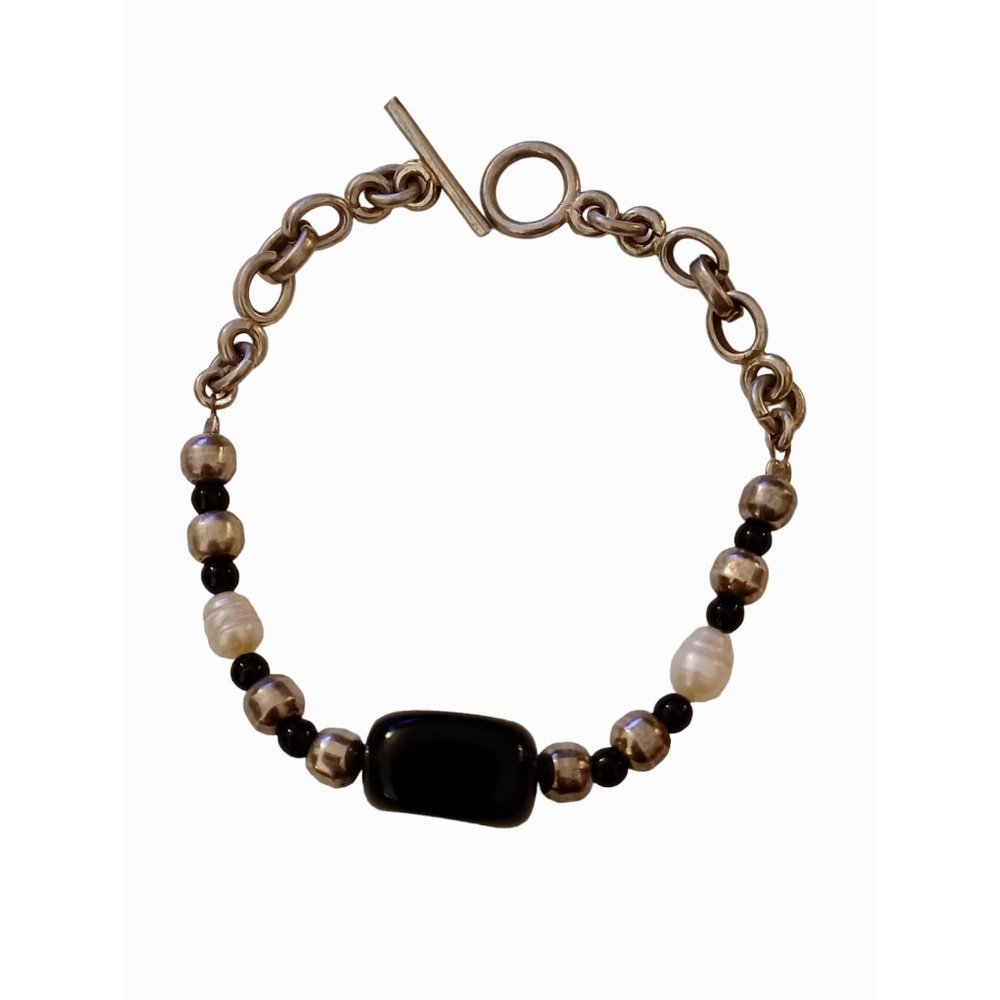 925 Sterling Silver Mexico Onyx Natural Pearl And Silver Pearl Bracelet 8"